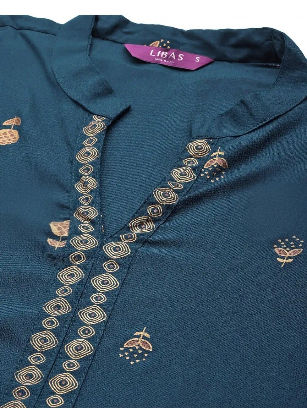 Libas Teal Blue Gold Printed Kurta Palazzo Dupatta Set Ethnic - Picture 3 of 7